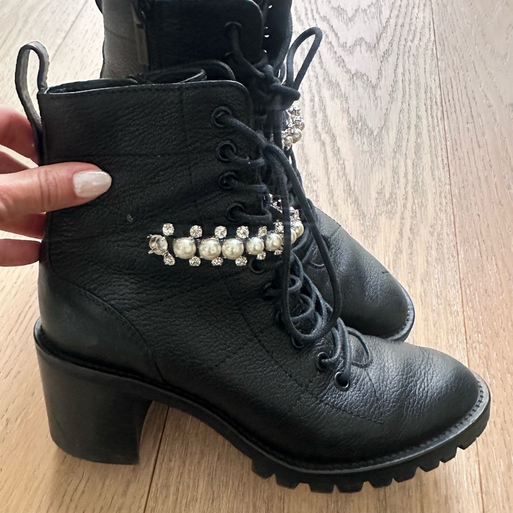 Jimmy Choo- authentic Black Leather Ankle Boots with Pearl Embellishments